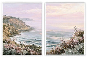 Pastel coastal cliff and wildflower framed print for elegant bedroom decor.