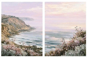 Pastel coastal cliff and wildflower framed print for elegant bedroom decor.