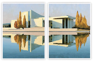 Modern architecture reflection canvas art for sophisticated office decor.