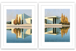 Modern architecture reflection canvas art for sophisticated office decor.