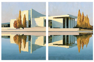 Modern architecture reflection canvas art for sophisticated office decor.