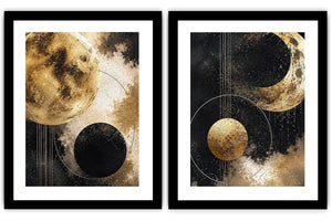 Gold and black celestial moon diptych canvas art for luxury modern living room decor
