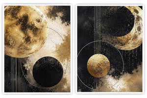 Gold and black celestial moon diptych canvas art for luxury modern living room decor