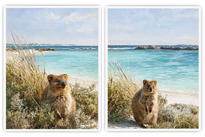 Coastal quokka artwork beside turquoise beach