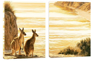 Golden kangaroo beach canvas print for coastal living room decor.