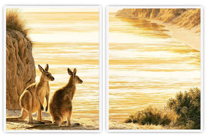Golden kangaroo beach canvas print for coastal living room decor.