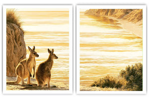 Golden kangaroo beach canvas print for coastal living room decor.