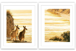 Golden kangaroo beach canvas print for coastal living room decor.