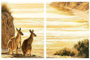Golden kangaroo beach canvas print for coastal living room decor.
