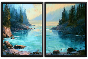 Turquoise forest cove canvas art for modern living room wall decor.