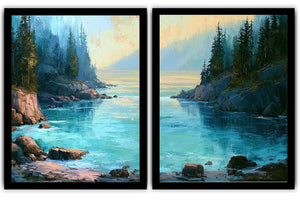 Turquoise forest cove canvas art for modern living room wall decor.