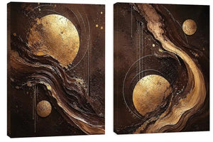 Black and gold celestial abstract canvas art with moon orbs for luxury living room decor.