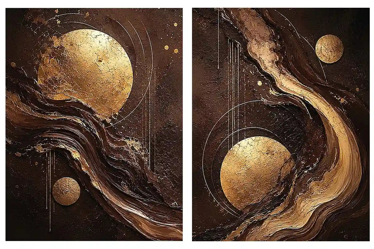 Black and gold celestial abstract canvas art with moon orbs for luxury living room decor.
