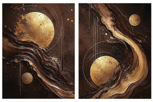 Black and gold celestial abstract canvas art with moon orbs for luxury living room decor.