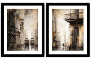 Vintage tram cityscape diptych wall art