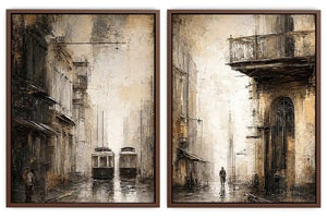 Vintage tram cityscape diptych wall art