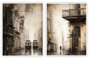 Vintage tram cityscape diptych wall art