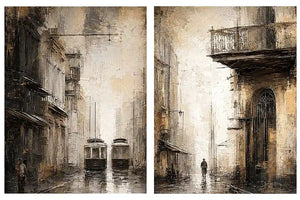 Vintage tram cityscape diptych wall art