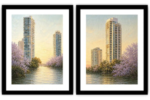 Modern riverside skyline diptych artwork