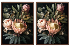 Dark floral protea diptych canvas art with roses for elegant living room decor.