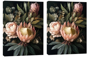 Dark floral protea diptych canvas art with roses for elegant living room decor.