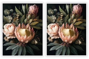 Dark floral protea diptych canvas art with roses for elegant living room decor.