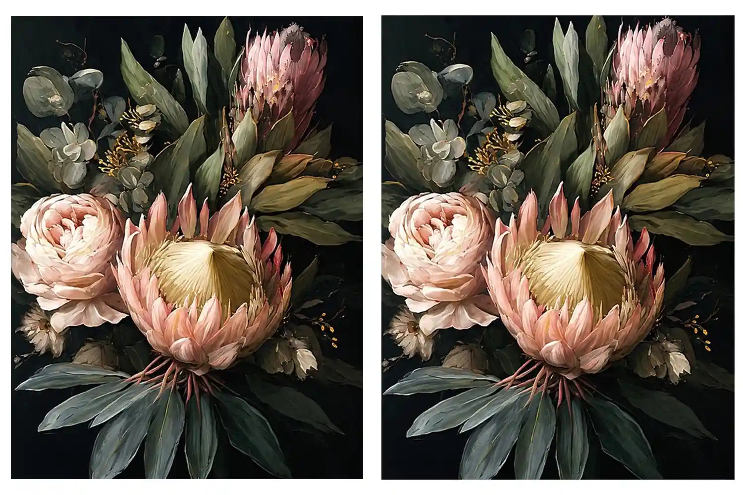 Dark floral protea diptych canvas art with roses for elegant living room decor.