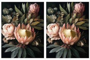 Dark floral protea diptych canvas art with roses for elegant living room decor.