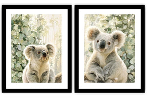 Soft koala diptych canvas art with eucalyptus leaves for nursery or living room decor.