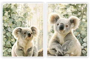 Soft koala diptych canvas art with eucalyptus leaves for nursery or living room decor.