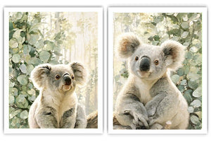 Soft koala diptych canvas art with eucalyptus leaves for nursery or living room decor.