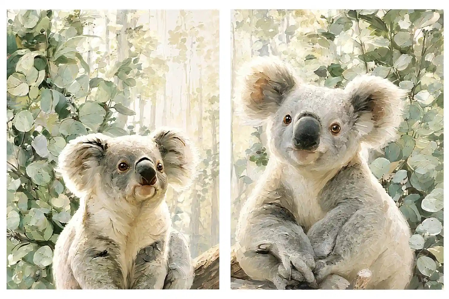 Soft koala diptych canvas art with eucalyptus leaves for nursery or living room decor.