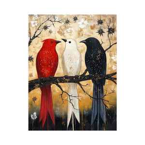 Rustic three birds canvas art with red black and white tones for hallway decor.