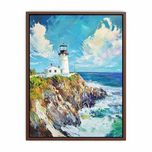 Bright coastal lighthouse canvas art for beach house or living room decor.
