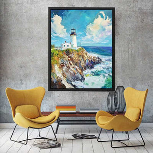 Bright coastal lighthouse canvas art for beach house or living room decor.