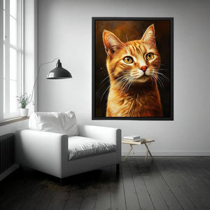Warm orange cat portrait canvas art for cozy bedroom or living room decor.