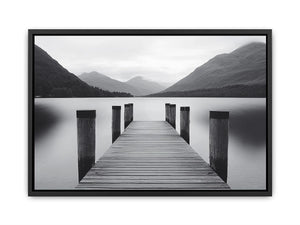 Black and white lake pier canvas art for calm minimalist bedroom decor.