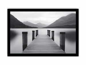 Black and white lake pier canvas art for calm minimalist bedroom decor.