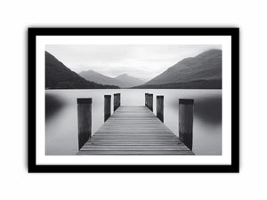 Black and white lake pier canvas art for calm minimalist bedroom decor.