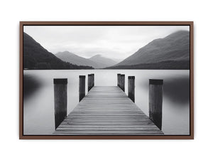Black and white lake pier canvas art for calm minimalist bedroom decor.