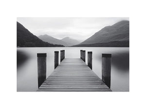 Black and white lake pier canvas art for calm minimalist bedroom decor.