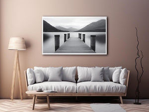 Black and white lake pier canvas art for calm minimalist bedroom decor.