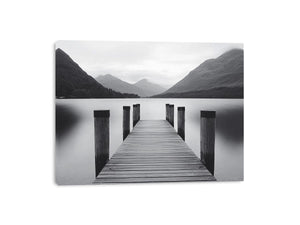 Black and white lake pier canvas art for calm minimalist bedroom decor.