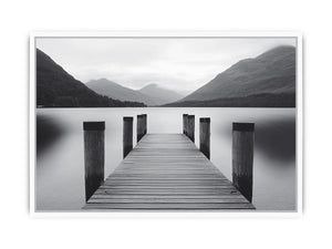 Black and white lake pier canvas art for calm minimalist bedroom decor.