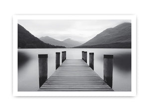 Black and white lake pier canvas art for calm minimalist bedroom decor.