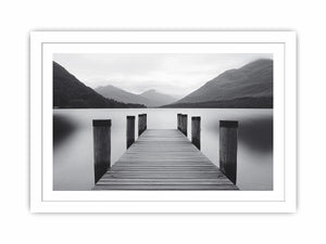 Black and white lake pier canvas art for calm minimalist bedroom decor.