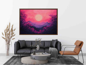 Bold magenta mountain sunset canvas art for modern living room decor.