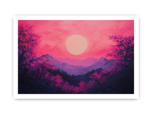 Bold magenta mountain sunset canvas art for modern living room decor.