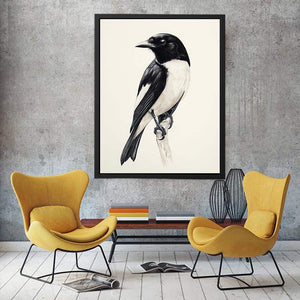 Minimal black and white songbird canvas art for refined office or hallway decor.