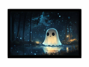 Cute glowing ghost forest canvas art with blue fireflies for kids bedroom decor.